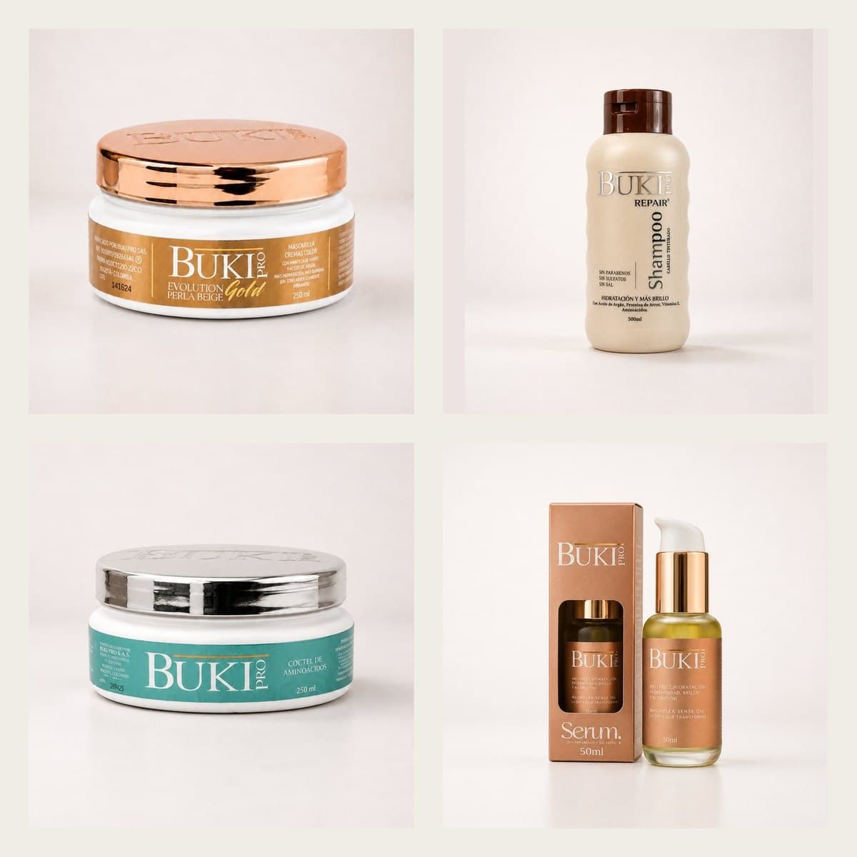 Kit Cuidado Color de Buki Pro: Mascarilla Evolution Gold Perla Beige de 250 ml, Shampoo Repair de 500 ml, Cóctel de Aminoácidos de 250 ml y Serum, sobre fondo de estudio.