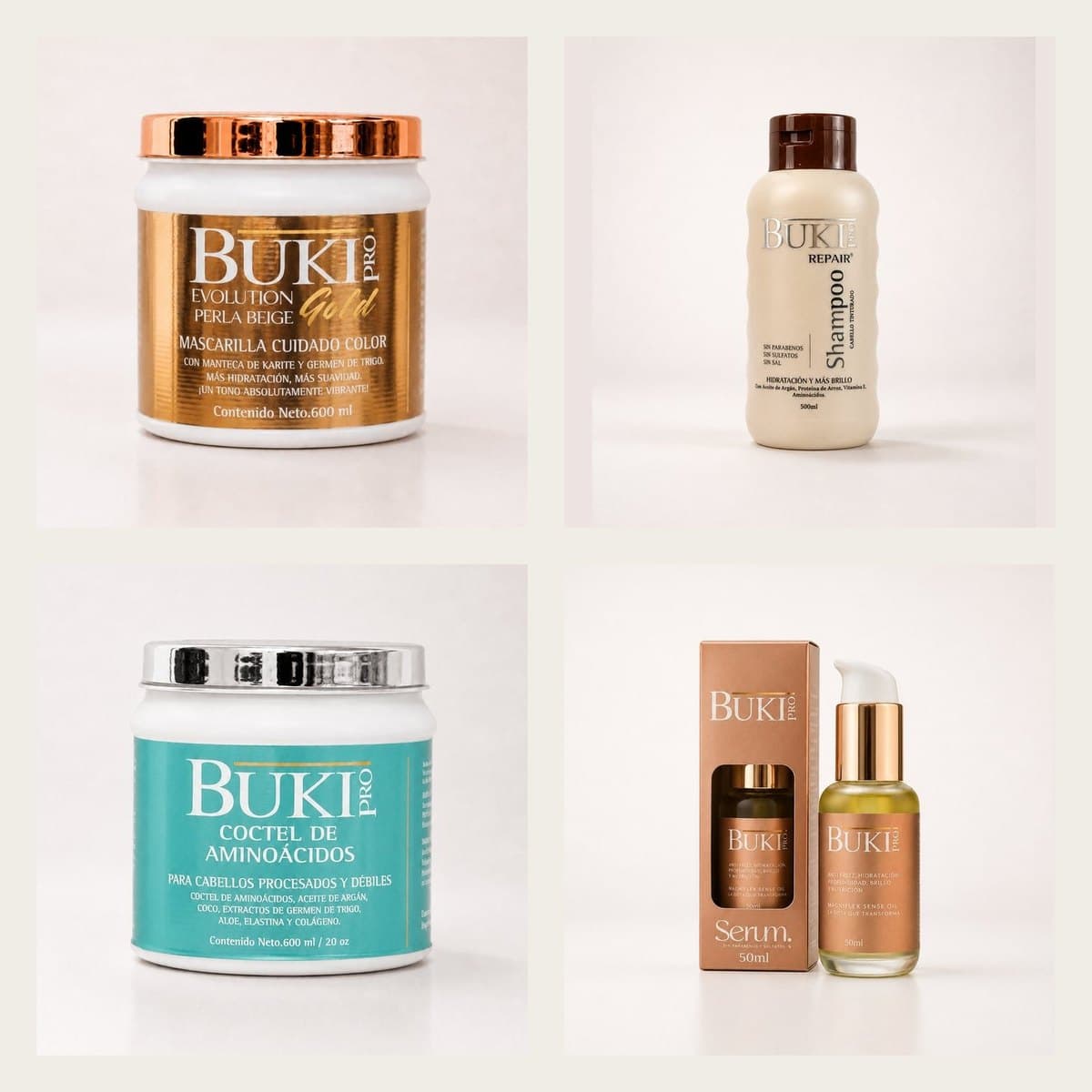 Kit Cuidado Color Jumbo de Buki Pro: Mascarilla Evolution Gold Perla Beige de 600 ml, Shampoo Repair de 500 ml, Cóctel de Aminoácidos de 600 ml y Serum, sobre fondo de estudio.