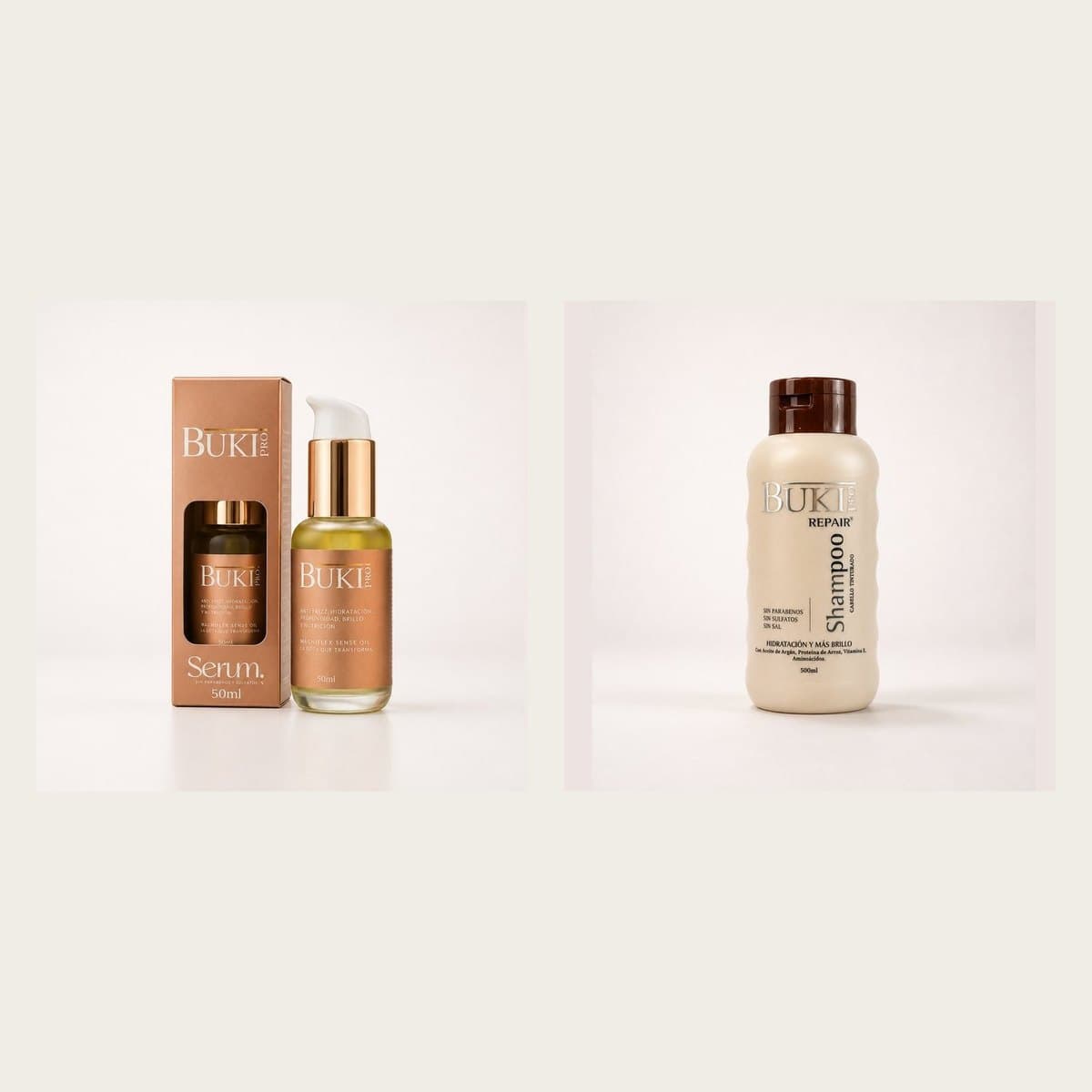 Kit Serum y Shampoo de Buki Pro: Serum y Shampoo Repair de 500 ml, sobre fondo de estudio.