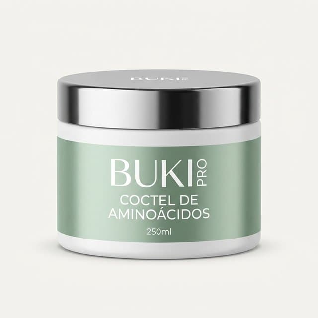 Coctel de Aminoácidos de 250 ml de Buki Pro, tarro bajo verde con tapa metálica, sobre fondo blanco.