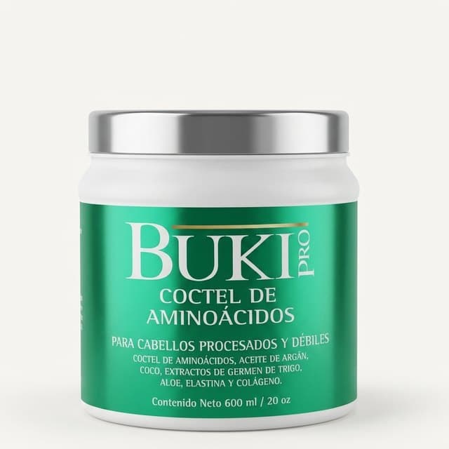 Coctel de Aminoácidos de 600 ml de Buki Pro, tarro alto verde con tapa metálica, sobre fondo blanco.