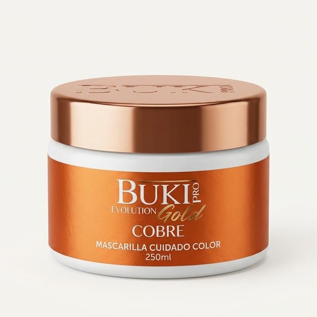 Matizante Cobre de 250 ml de Buki Pro Evolution Gold, tarro bajo naranja cobrizo con tapa metálica.