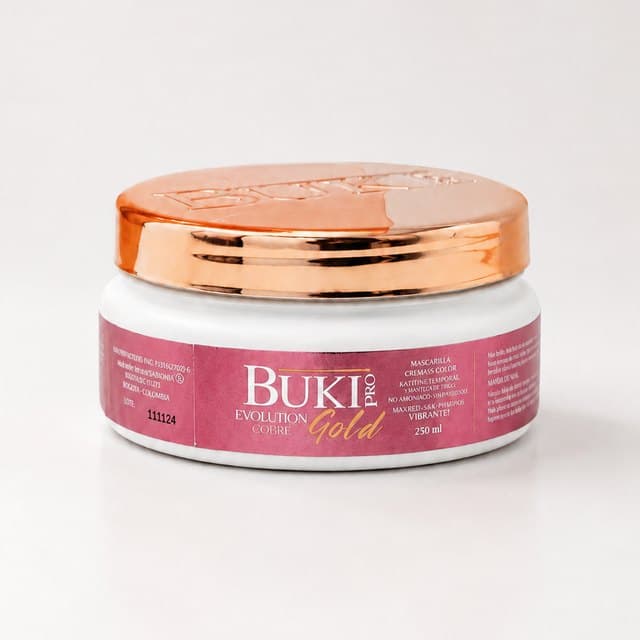 Matizante Cobre de 250 ml de Buki Pro Evolution Gold, tarro bajo con etiqueta rosa y tapa cobriza.