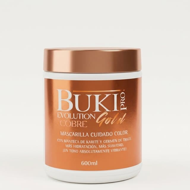 Matizante Cobre de 600 ml de Buki Pro Evolution Gold, tarro alto naranja cobrizo con tapa metálica.