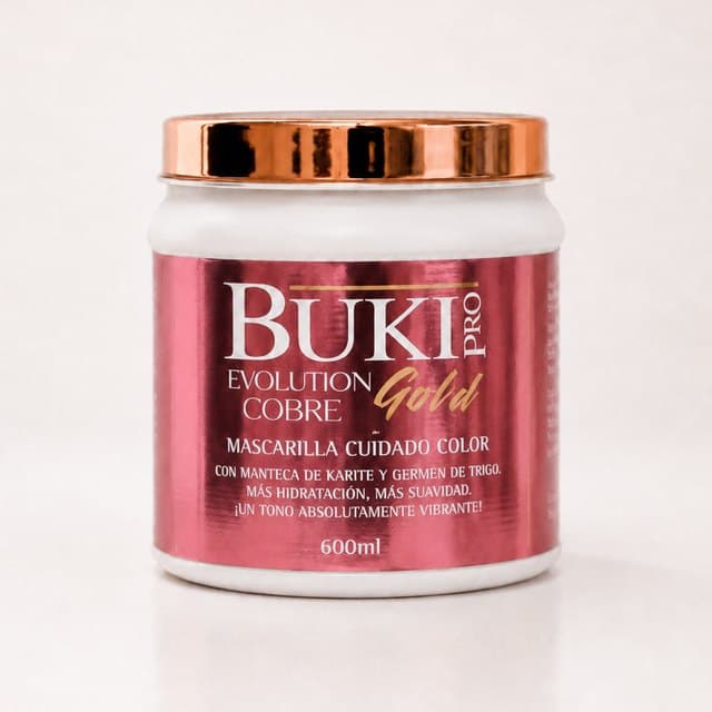 Matizante Cobre de 600 ml de Buki Pro Evolution Gold, tarro alto con etiqueta vinotinto y tapa cobriza.