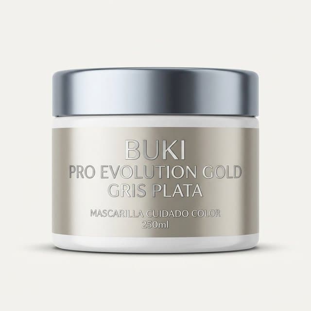 Matizante Gris Plata de 250 ml de Buki Pro Evolution Gold, tarro bajo beige con tapa metálica.