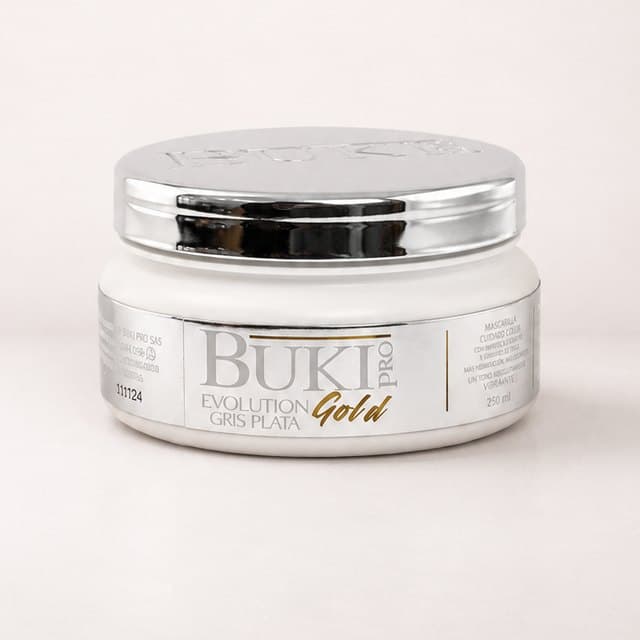 Matizante Gris Plata de 250 ml de Buki Pro Evolution Gold, tarro bajo blanco con etiqueta plateada y tapa cromada.