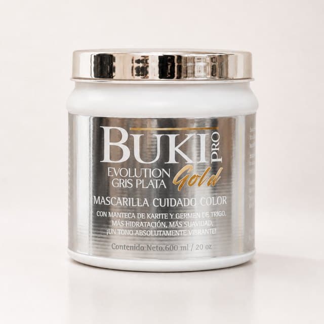 Matizante Gris Plata de 600 ml de Buki Pro Evolution Gold, tarro alto con etiqueta plateada y tapa cromada.