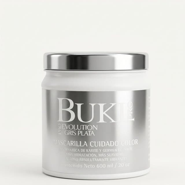 Matizante Gris Plata de 600 ml de Buki Pro Evolution Gold, tarro alto plateado con tapa metálica.