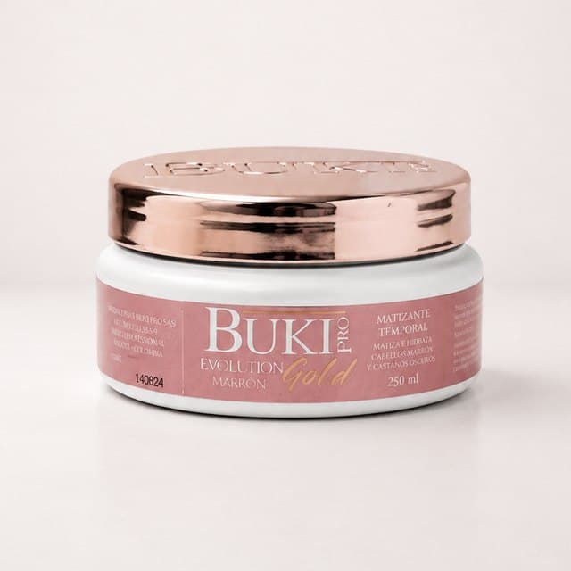 Matizante Marrón de 250 ml de Buki Pro Evolution Gold, tarro bajo con etiqueta rosada y tapa cobriza.