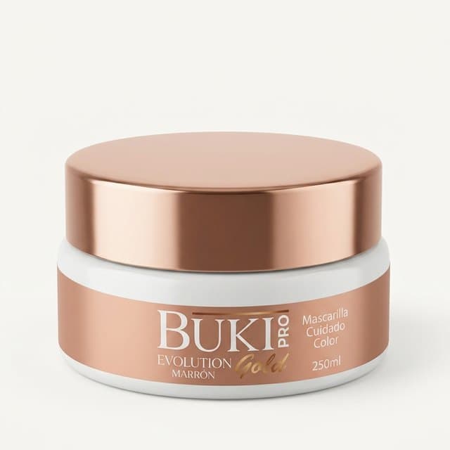 Matizante Marrón de 250 ml de Buki Pro Evolution Gold, tarro bajo en tono durazno con tapa metálica.