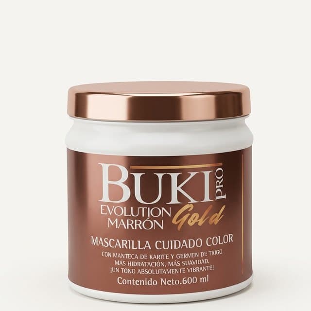 Matizante Marrón de 600 ml de Buki Pro Evolution Gold, tarro alto marrón chocolate con tapa cobriza.