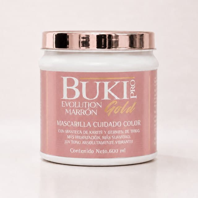 Matizante Marrón de 600 ml de Buki Pro Evolution Gold, tarro alto con etiqueta rosa empolvado y tapa cobriza.
