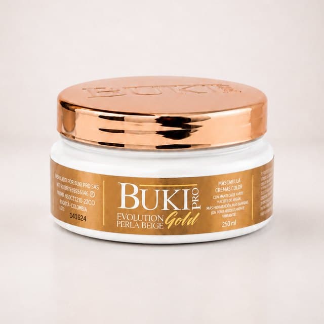 Matizante Perla Beige de 250 ml de Buki Pro Evolution Gold, tarro bajo con etiqueta dorada y tapa cobriza.
