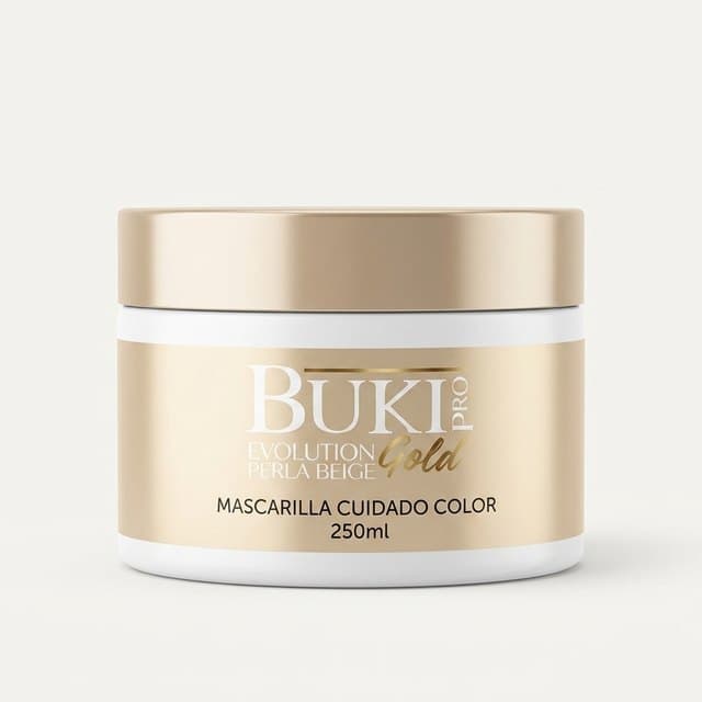 Matizante Perla Beige de 250 ml de Buki Pro Evolution Gold, tarro bajo beige dorado con tapa metálica.
