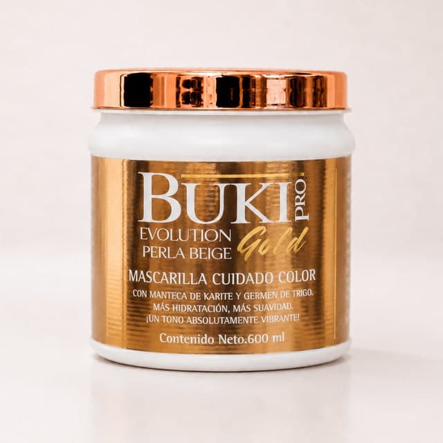 Matizante Perla Beige de 600 ml de Buki Pro Evolution Gold, tarro alto con etiqueta dorada y tapa cobriza.