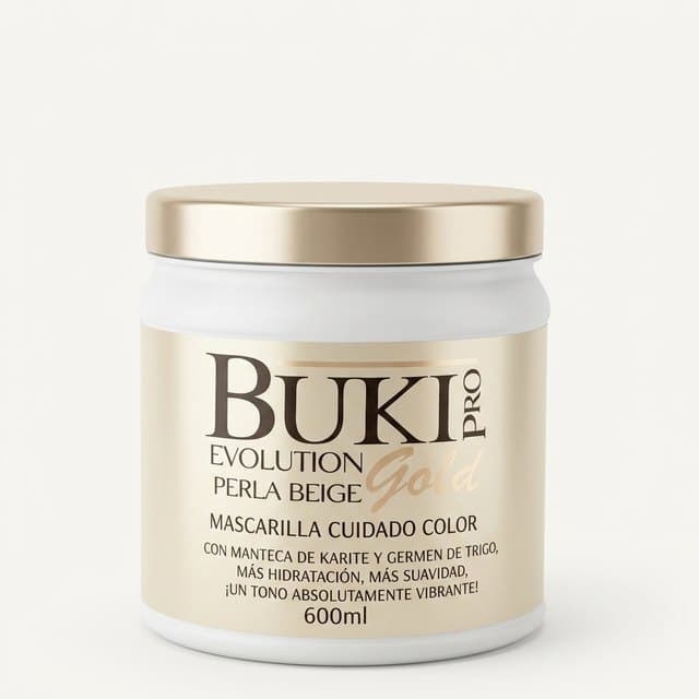Matizante Perla Beige de 600 ml de Buki Pro Evolution Gold, tarro alto beige champán con tapa dorada.