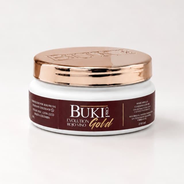 Matizante Rojo Vino de 250 ml de Buki Pro Evolution Gold, tarro bajo con etiqueta vinotinto y tapa cobriza.