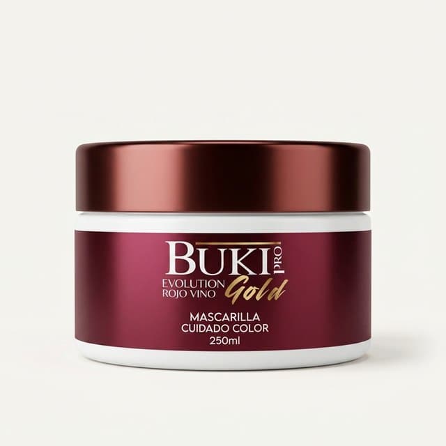 Matizante Rojo Vino de 250 ml de Buki Pro Evolution Gold, tarro bajo con etiqueta vinotinto y tapa granate.