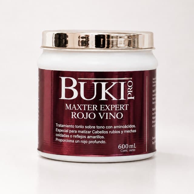 Matizante Rojo Vino de 600 ml de Buki Pro, tarro alto con etiqueta vinotinto y tapa dorada.
