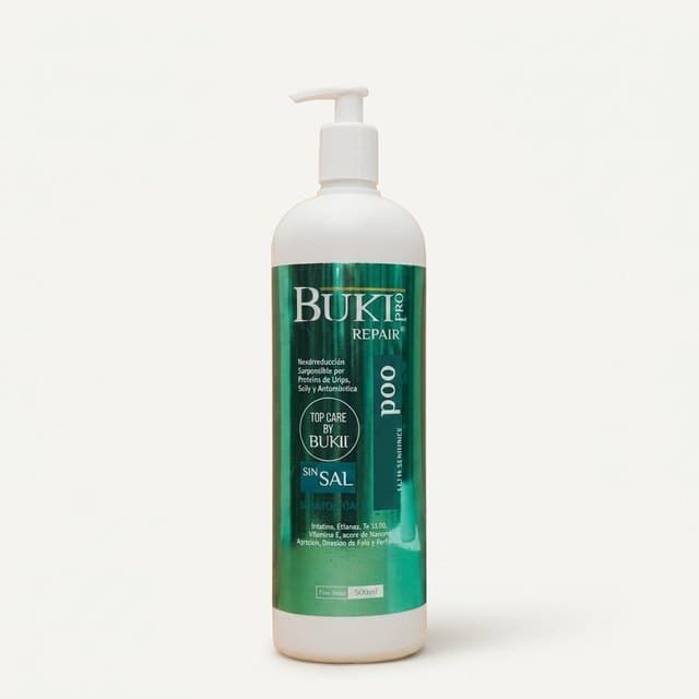 Shampoo Reparación de 500 ml de Buki Pro, frasco alto verde con dispensador.