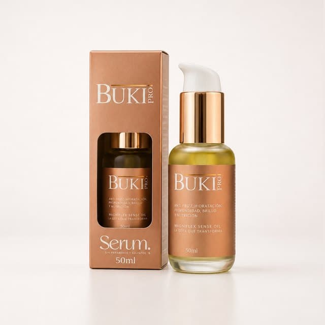 Serum capilar de 50 ml de Buki Pro, frasco ámbar con dosificador junto a su caja cobriza.