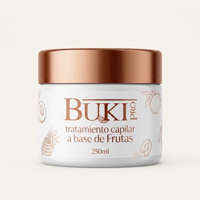 Tratamiento capilar a base de Frutas de 250 ml de Buki Pro, tarro bajo blanco con tapa cobriza.