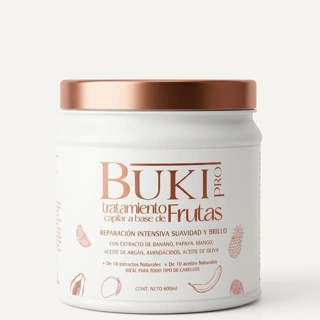 Tratamiento capilar a base de Frutas de 600 ml de Buki Pro, tarro alto blanco con tapa cobriza.
