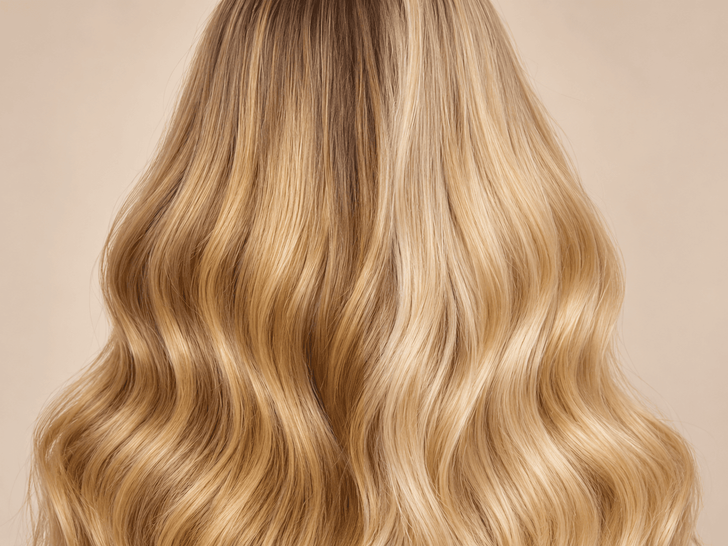 Melena ondulada rubia antes de aplicar Perla Beige, vista por detrás.